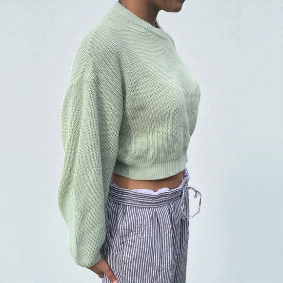 H&M Puff Sleeve Crop Ribbed Knit Sweater Pale Green Size Small Excellent Cond. - Picture 3 of 4